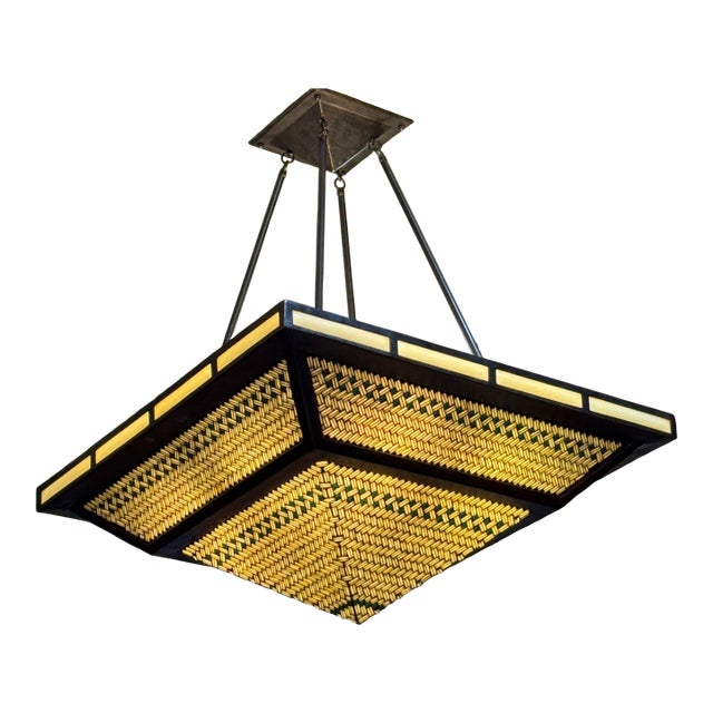 Hilliard Lamps Art Mosaic Glass With Bronze Pyramid Chandelier For Sale