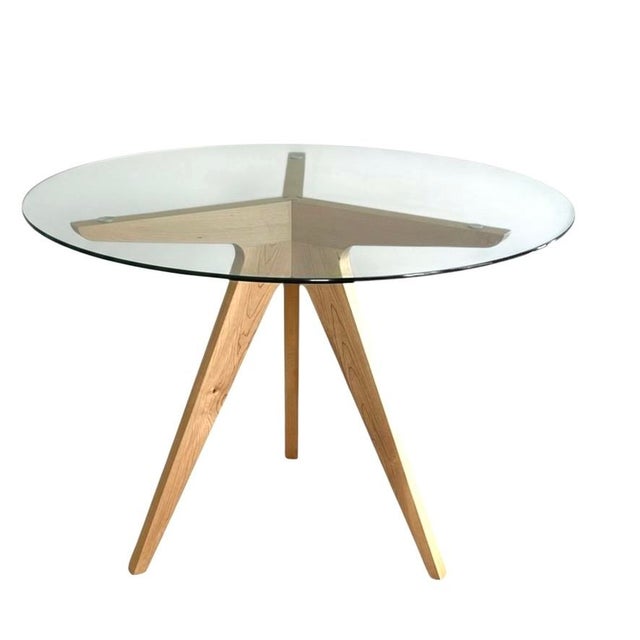 Mid-Century Modern Custom-Made Round Glass Top Kitchen Table With Starburst Sculptural Wood Base (42") For Sale - Image 3 of 8