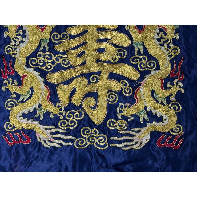 Vintage Hand Embroidered Double Dragons Longevity Navy Blue Fabric Art For Sale In San Francisco - Image 6 of 8