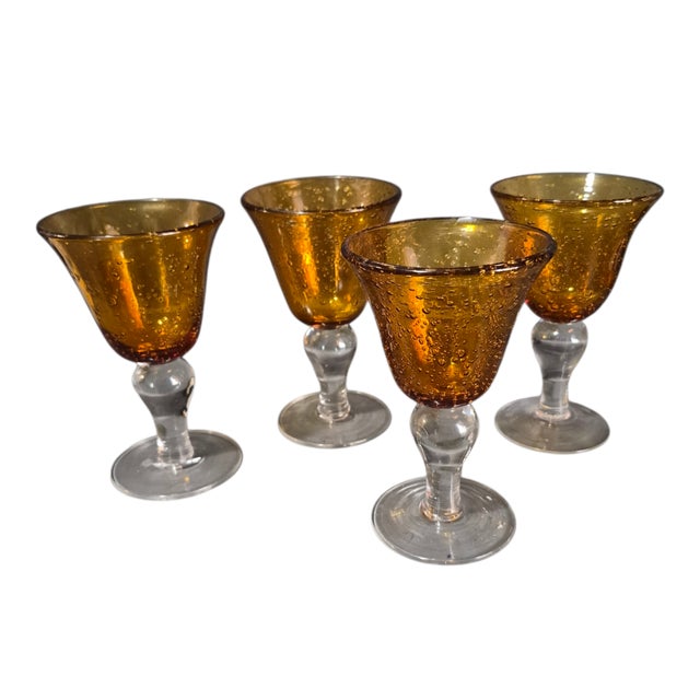Amber Vintage Set of Four Amber Hand Blown Art Glass Controlled Bubble Goblets For Sale - Image 8 of 8