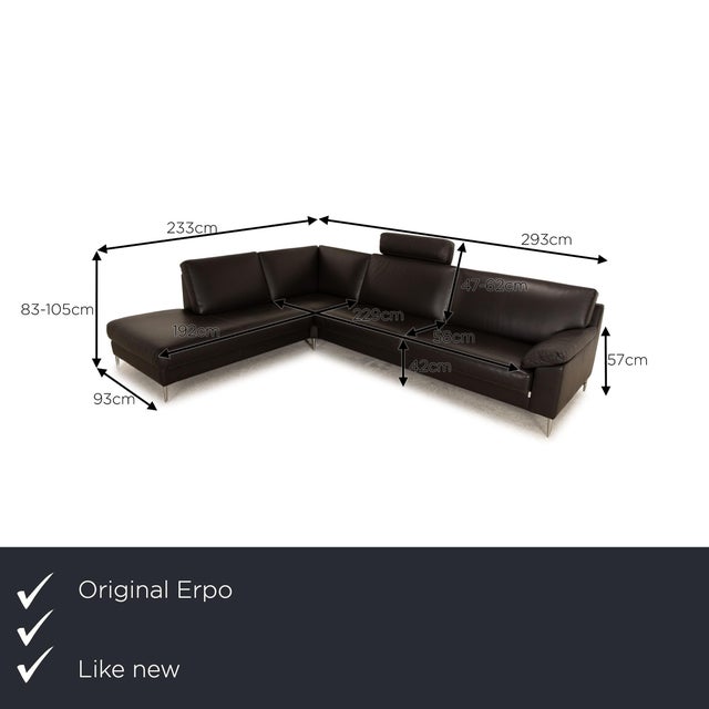 The CL 650 corner sofa from ERPO is covered with an anthracite -colored real leather and stands on narrow metal feet. It...