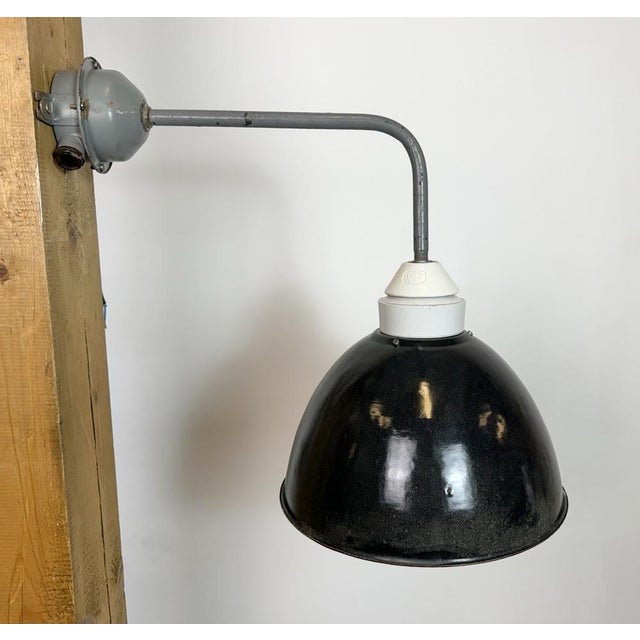 Glass Industrial Factory Wall Lamp with Black Enamel Shade, 1960s For Sale - Image 7 of 16