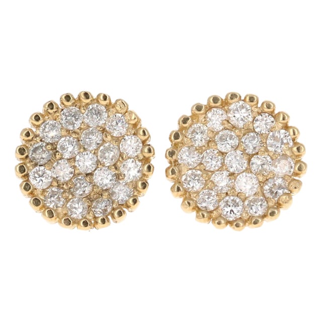 0.46 Carat Round Cluster Diamond Yellow Gold Earrings, A Pair For Sale