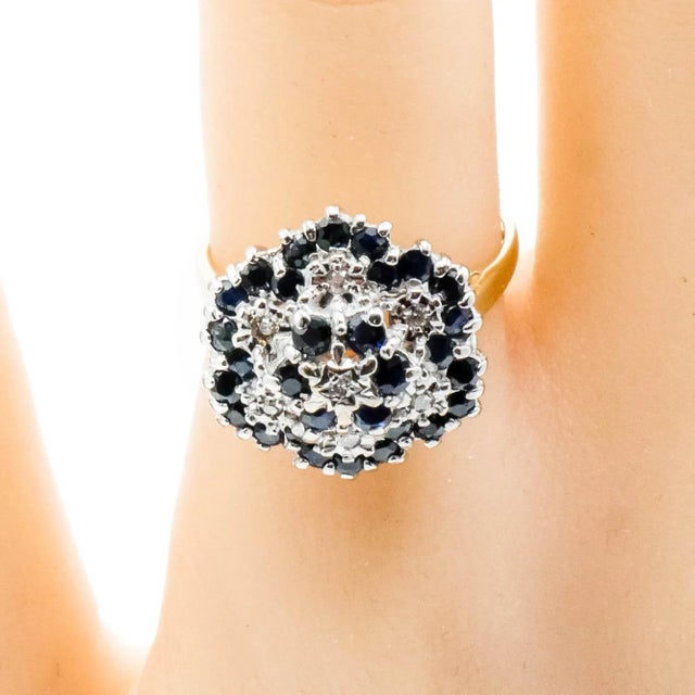 Mid 20th Century Mid 20th Century Vintage Sapphire and Diamond Flower Cluster Gold Ring Size 8.5 Inches For Sale - Image 5 of 6