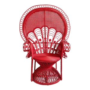 Vintage Red Wicker Peacock Cane Back Fan Chair