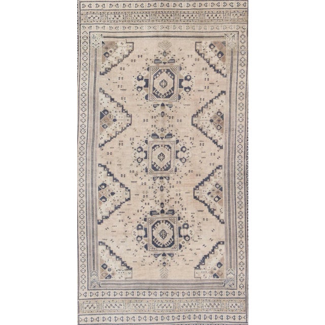 Vintage Turkish Oushak Rug Featuring Soft Beige Field With Navy Tribal Design For Sale - Image 4 of 9