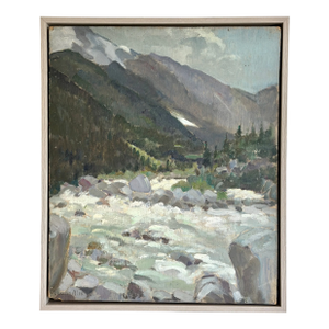 1950s French Mountain Landscape Oil Painting Floating in Frame