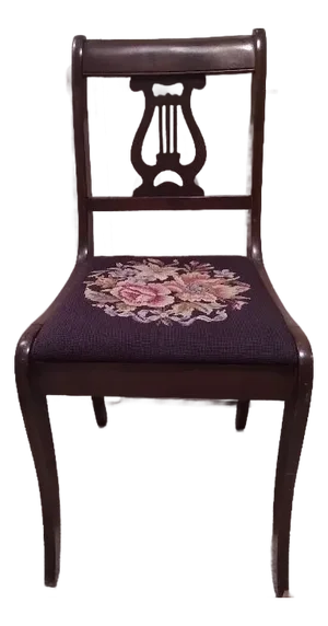 Vintage Duncan Phype Wood Carved Harp Lyre Back With Needlepoint Seat Side Chair
