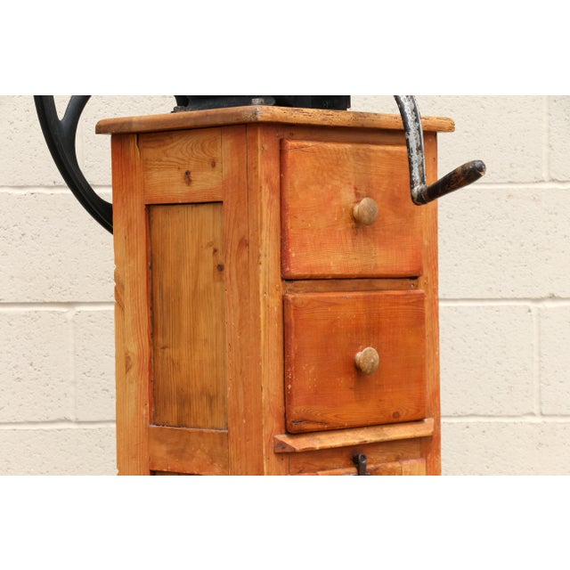 Antique Tall Standing Coffee Grinder | Cast Iron Wheel & Solid Pine Cabinet | Industrial Country Store Mill For Sale - Image 9 of 18