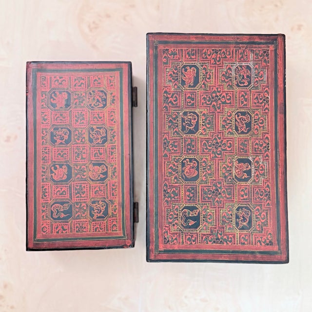 Mid 20th Century Mid 20th Century Burmese Lacquerware Decorative Box, Hand-Painted Zodiac/Mythical Animal Motif, Large Scale For Sale - Image 5 of 6