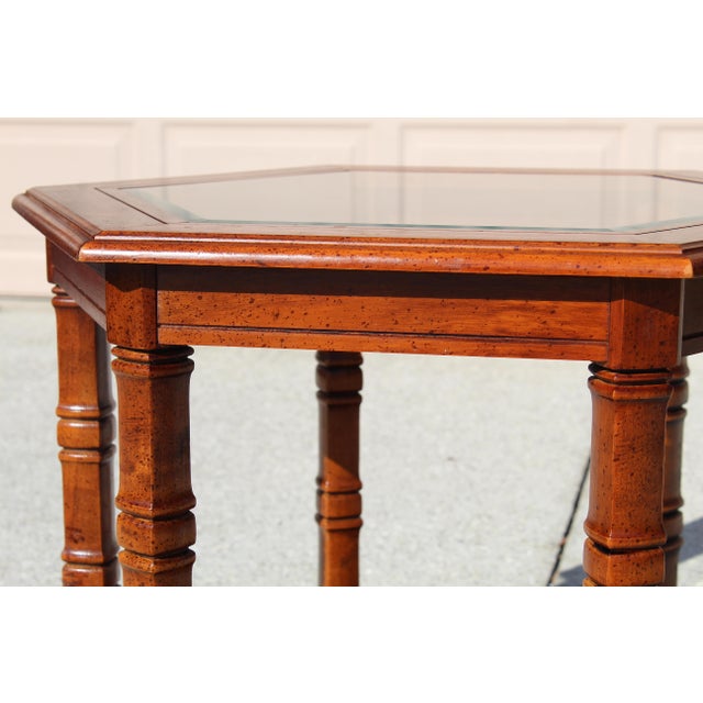 Brown Mid-Century Modern Hexagonal Walnut Side Table With Glass Top & Cane Shelf – Vintage 1960s Accent Table Usa Made For Sale - Image 8 of 12