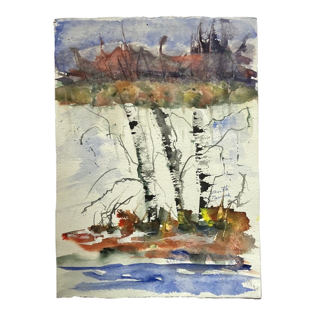 1980’s Original Double Sided Abstract Ink Drawing /Watercolor Pointing Birch Trees/ Abstract Landscape For Sale
