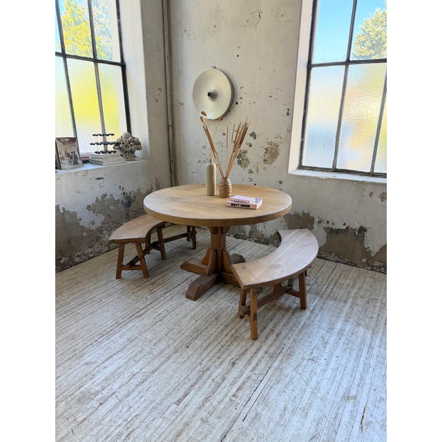 Vintage Round Oak Table and Benches, 1950s, Set of 3 For Sale - Image 3 of 18