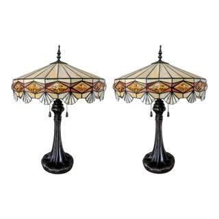 Vintage Arts and Crafts Style Leaded Slag Glass Table Lamps- A Pair For Sale