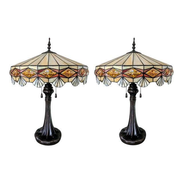 Vintage Arts and Crafts Style Leaded Slag Glass Table Lamps- A Pair For Sale