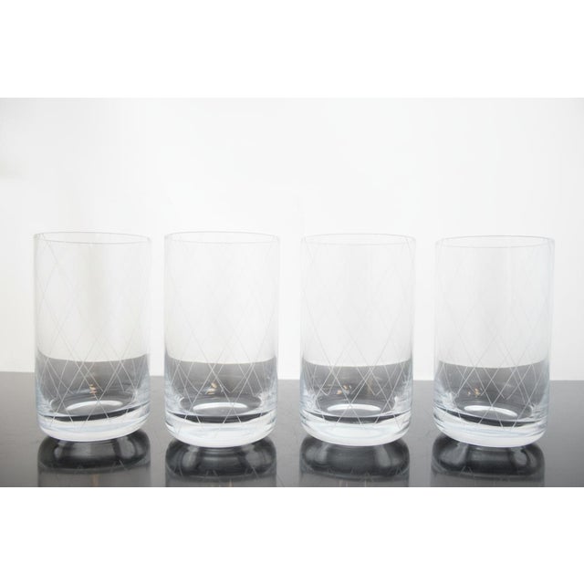 Tiffany & Co. set of 4 thin-walled crystal glasses with a mid-century modern style acid-etched criss-cross or diamond...