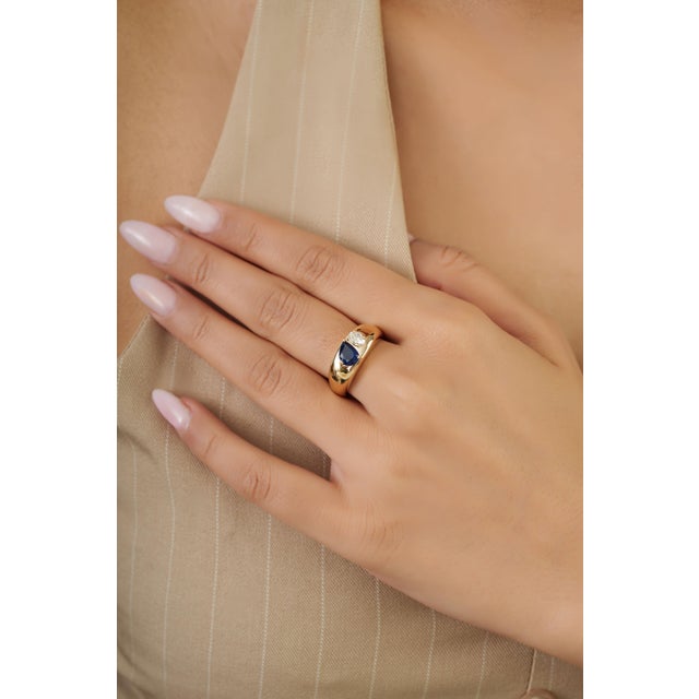 Not Yet Made - Made To Order 14k Yellow Gold Cigar Band Ring With Blue Sapphire & Diamond Size 6.5 For Sale - Image 5 of 16