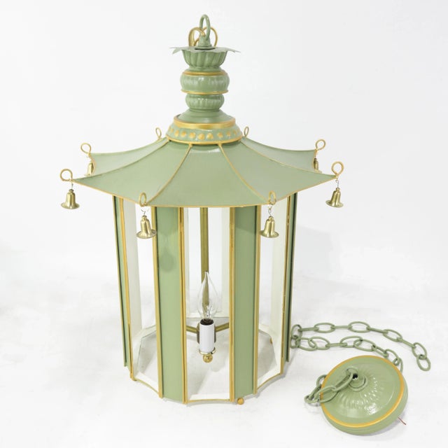 Vintage Green and Gold Chinoiserie Pagoda Tole Chandelier With Hanging Bells For Sale - Image 4 of 17