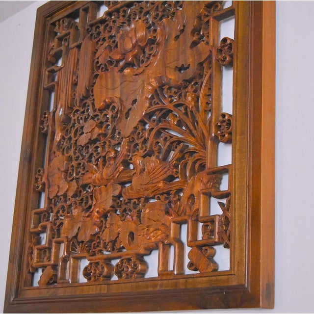 Art Deco Antique Camphor Wood Screen Chinese Jumu Panel Lotus and Birds Openwork For Sale - Image 3 of 10