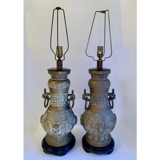 James Mont Asian Bronze Urn Table Lamps - a Pair For Sale - Image 4 of 9