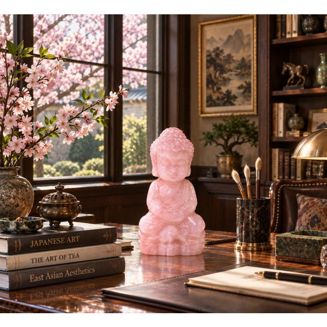 Natural Rose Quartz Baby Buddha Statue Hand Carved For Sale In Los Angeles - Image 6 of 16
