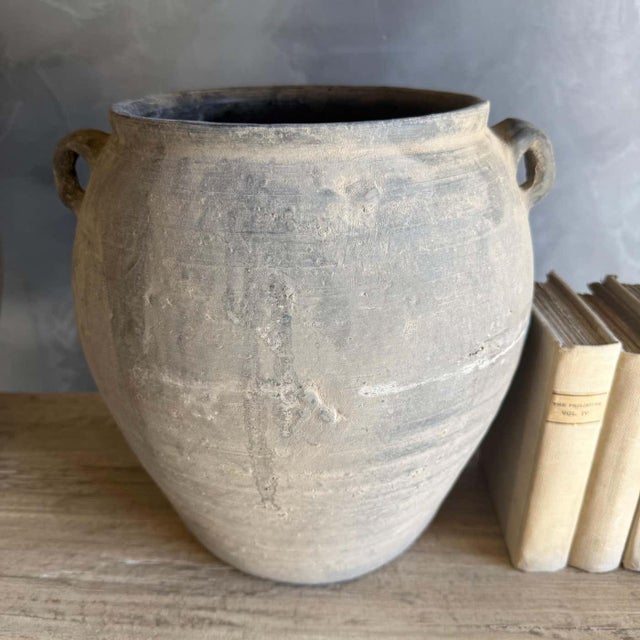 Gray Vintage Style Matte Gray Oil Pottery With 2 Handles For Sale - Image 8 of 9
