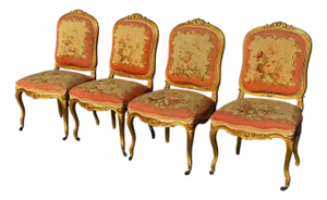 Set of 4 Antique French Louis XV Style Giltwood & Aubusson Tapestry Chairs