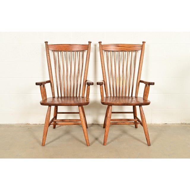 Stickley Style American Colonial Solid Oak Spindle Back Windsor Armchairs, Pair For Sale - Image 15 of 15