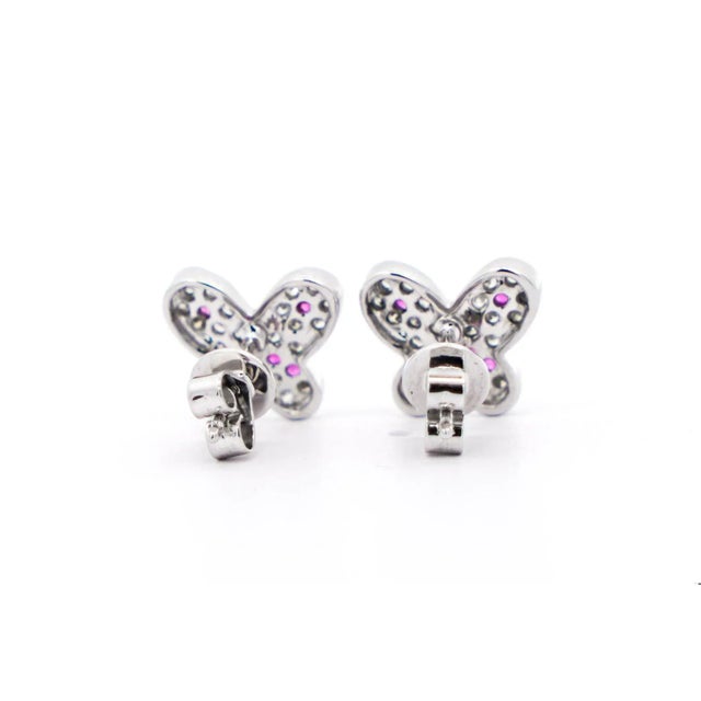 Natural Diamond and Pink Sapphire Cluster Butterfly Stud Earrings in 14K White G For Sale - Image 11 of 11