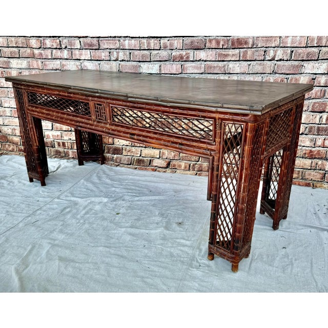 Chinese Export Bamboo Fretwork Library Table For Sale - Image 9 of 11