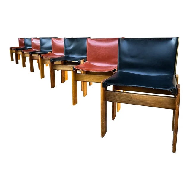 Wood Black and Brick Leather and Walnut Monk Dining Chairs by Afra and Tobia Scarpa for Molteni, 1973, Set of 8 For Sale - Image 7 of 11