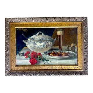 Antique German Still Life Oil Painting by M. Heller Hermann in Ornate Frame For Sale