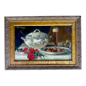 Antique German Still Life Oil Painting by M. Heller Hermann in Ornate Frame