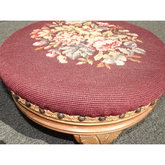 Burgundy Footstool ~ Vintage French Country Burgundy Floral Round Needlepoint Footstool#2 For Sale - Image 8 of 14