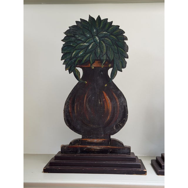 American Large Antique Dummy Board Pair | Painted Wood Urn Topiary Cutouts | Primitive Sculpture For Sale - Image 3 of 5