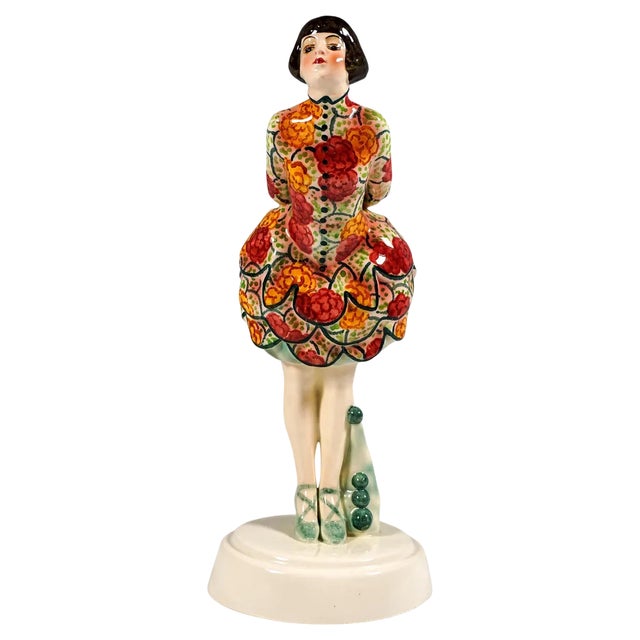 Art Deco Pierrette Standing in Balloon Skirt attributed to J. Lorenzl for Goldscheider, 1924 For Sale