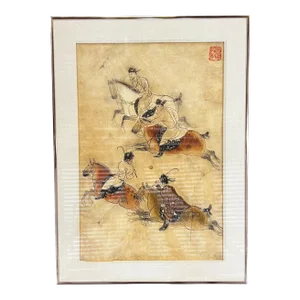 Chinese Tang Dynasty Polo Players Ink Wash Art on Handmade Paper