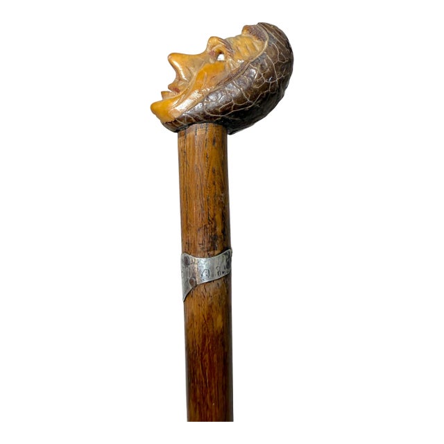 Antique 1800's Hand Carved Nut Wood Sterling Silver Man Face Walking Stick Cane For Sale