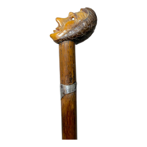 Antique 1800's Hand Carved Nut Wood Sterling Silver Man Face Walking Stick Cane