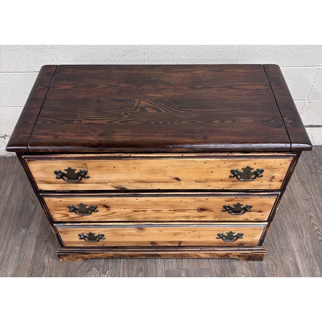 Vintage Solid Pine Three Drawer Lift Top Blanket Chest For Sale - Image 4 of 11
