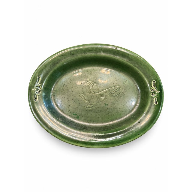 Vintage Large Green Platter Majolica Style With Embossed Fish Jumping for Hook For Sale - Image 11 of 11