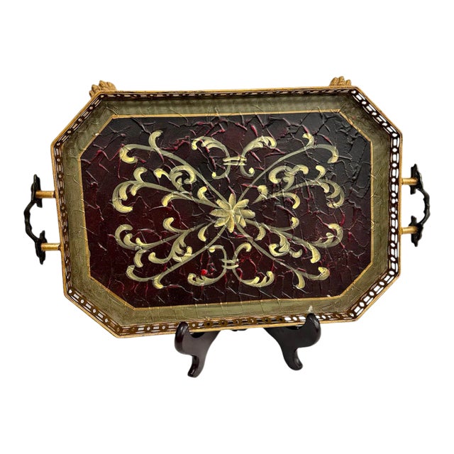 Hand Painted Paper Mache Footed Oval Serving Tray For Sale