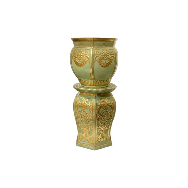 Fabulous large 2-part English ceramic jardiniere and pedestal. Asian-influenced design with an apple green glaze accented...