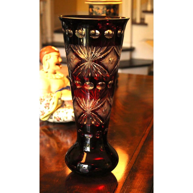 1960s Large Bohemian Czech Ruby Cut to Clear Glass Vase, 15.75", Hand Blown For Sale - Image 5 of 5