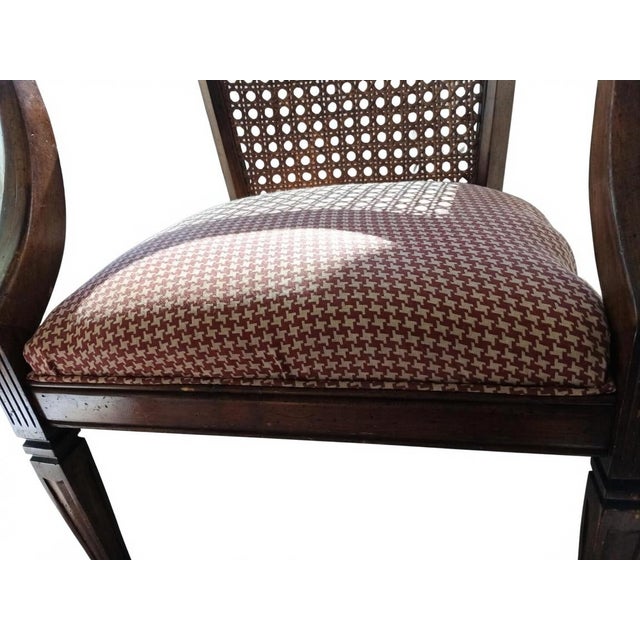 Vintage Cane Back Armchair – Red & White Houndstooth Upholstery – Classic Wood Frame – Mid‑Century Inspired Accent Chair. For Sale - Image 4 of 8