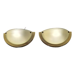 Vintage Wall Lamps with Brass Frames and Frosted Curved Glass Panes by Hufnagel Leuchten, 2000s, Set of 2 For Sale
