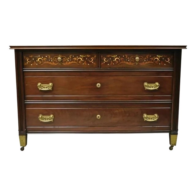 Antique Herts Brothers Edwardian Bronze & Satinwood Inlay Mahogany Chest Dresser For Sale