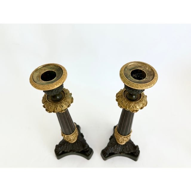 Early 19th Century 19th C French Charles X Gilt & Patinated Bronze Candlesticks - A Pair For Sale - Image 5 of 14