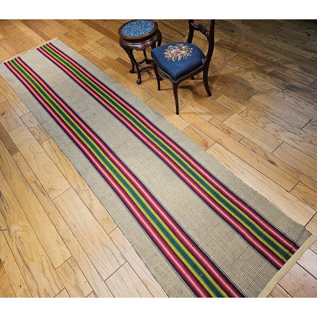 Vintage American Rag Runner, Handwoven Stripe Pattern, Tan, Green & Magenta, 3x13 For Sale - Image 9 of 12