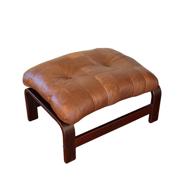 Vintage Norwegian Leather Ottoman | Scandinavian Mid-Century Modern Bentwood & Sling Footstool | Ingmar Relling Style For Sale - Image 10 of 16